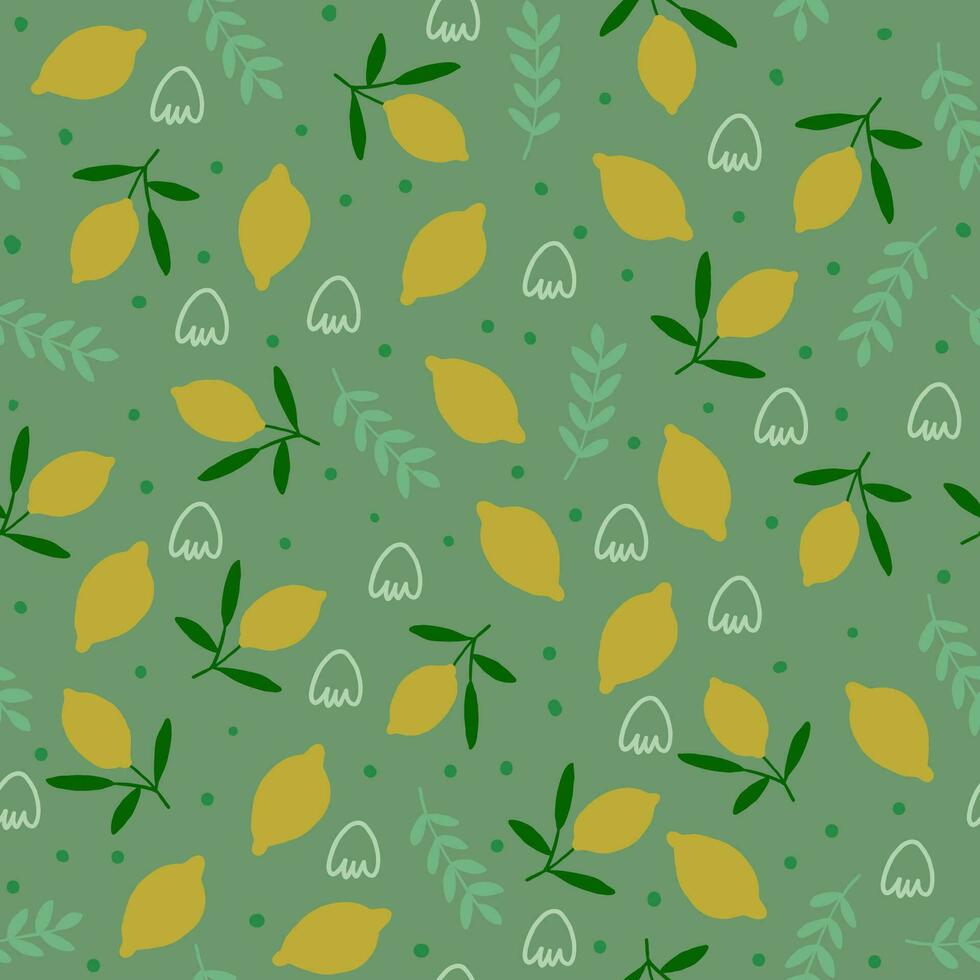 Vector seamless pattern with lemons, doodles on green background. Retro vibes fruits pattern, vintage kitchen background