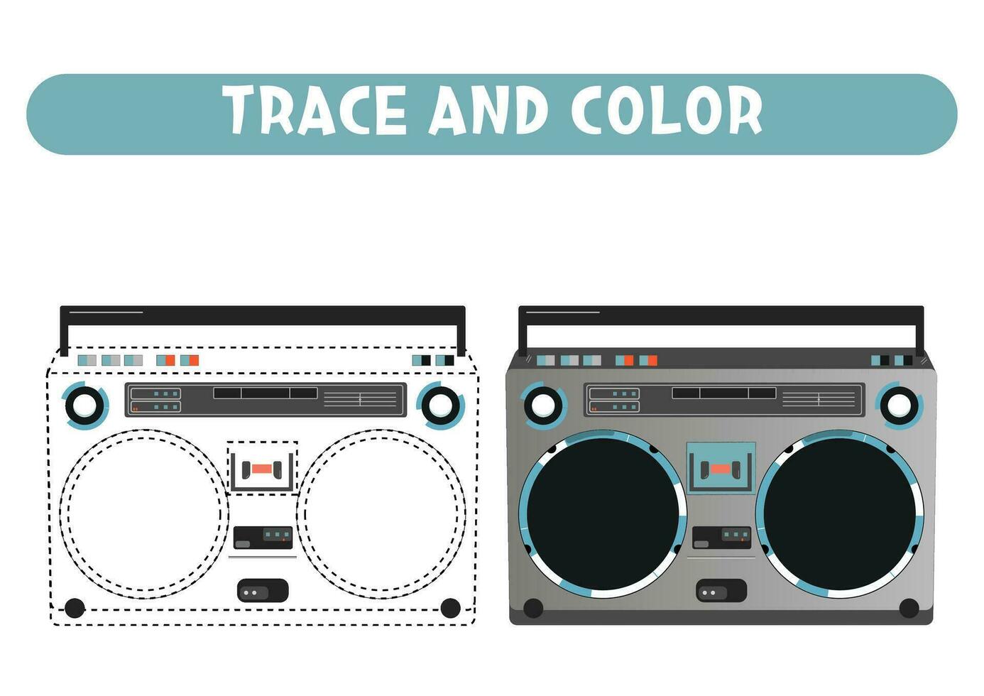 Trace and color retro boombox radio. Worksheet for kids vector