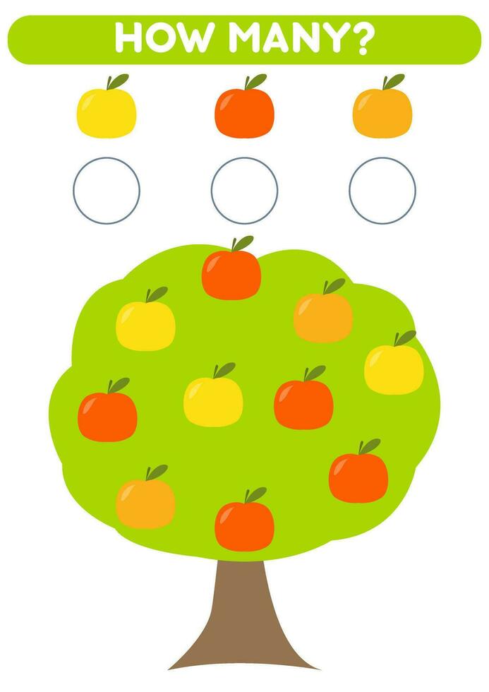 Math game for kids. How many apples are there. Printable worksheets. vector