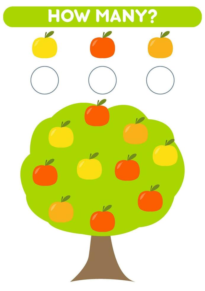 Math game for kids. How many apples are there. Printable worksheets. vector