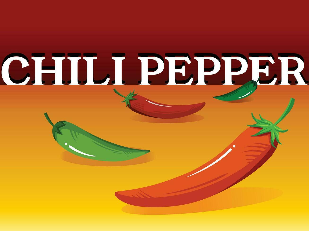 Hot and spicy chili peppers vector illustration drawing isolated on gradient yellow flooring and red background wall. Colorful and modern food ingredient label banner design.