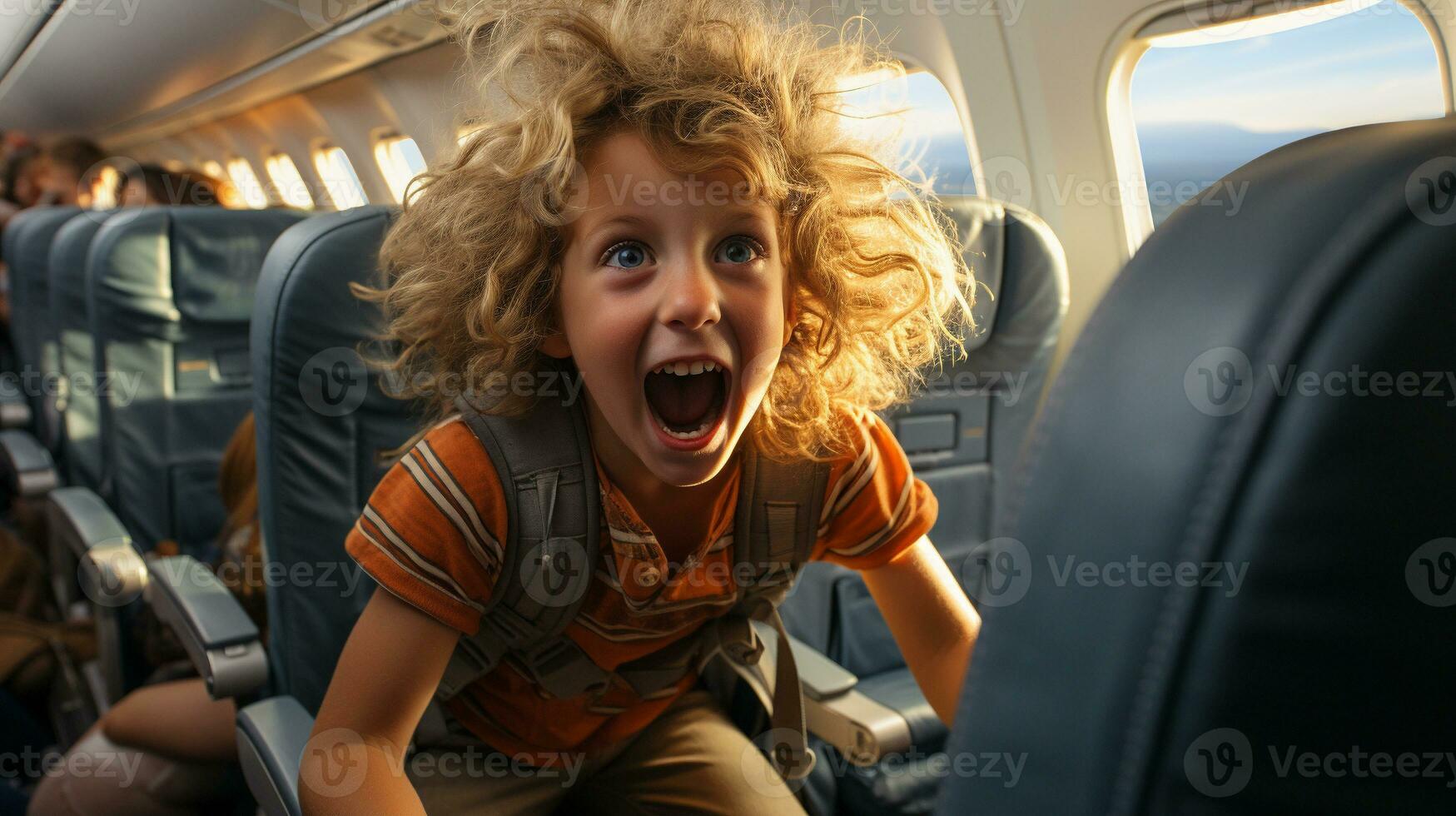 Irate Child Causing Mayhem On An Airplane Bothering Everyone On Board. Generative AI. photo