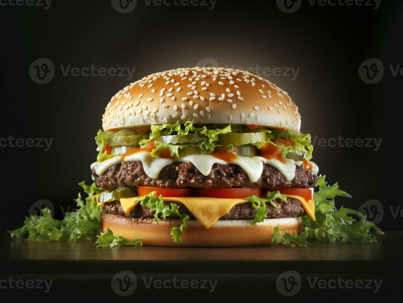 Fresh Cooked Delicious Double Cheeseburger with all the Fixings. Generative AI. photo