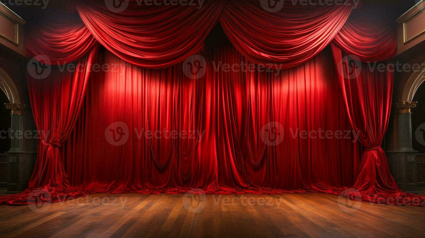 dramáticamente iluminado lustroso rojo terciopelo teatro cortinas y de madera etapa piso. generativo ai. foto