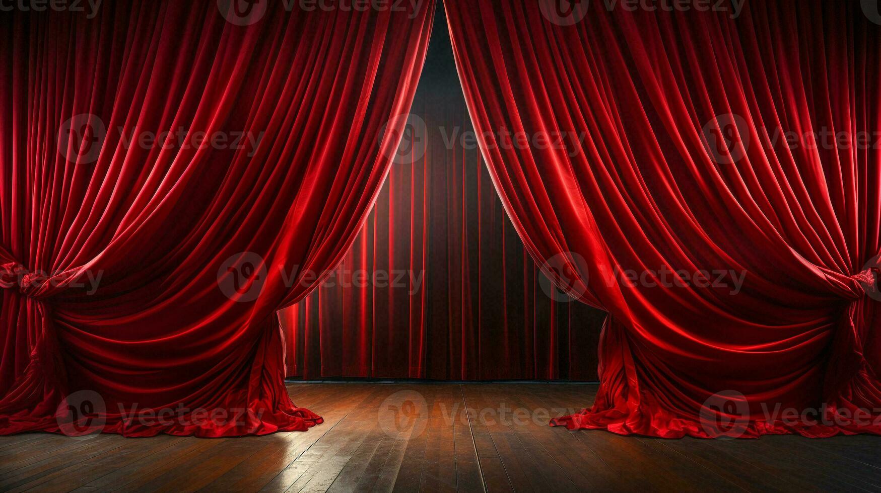 Dramatically Lit Lustrous Red Velvet Theatre Curtains and Wooden Stage Floor. Generative AI. photo