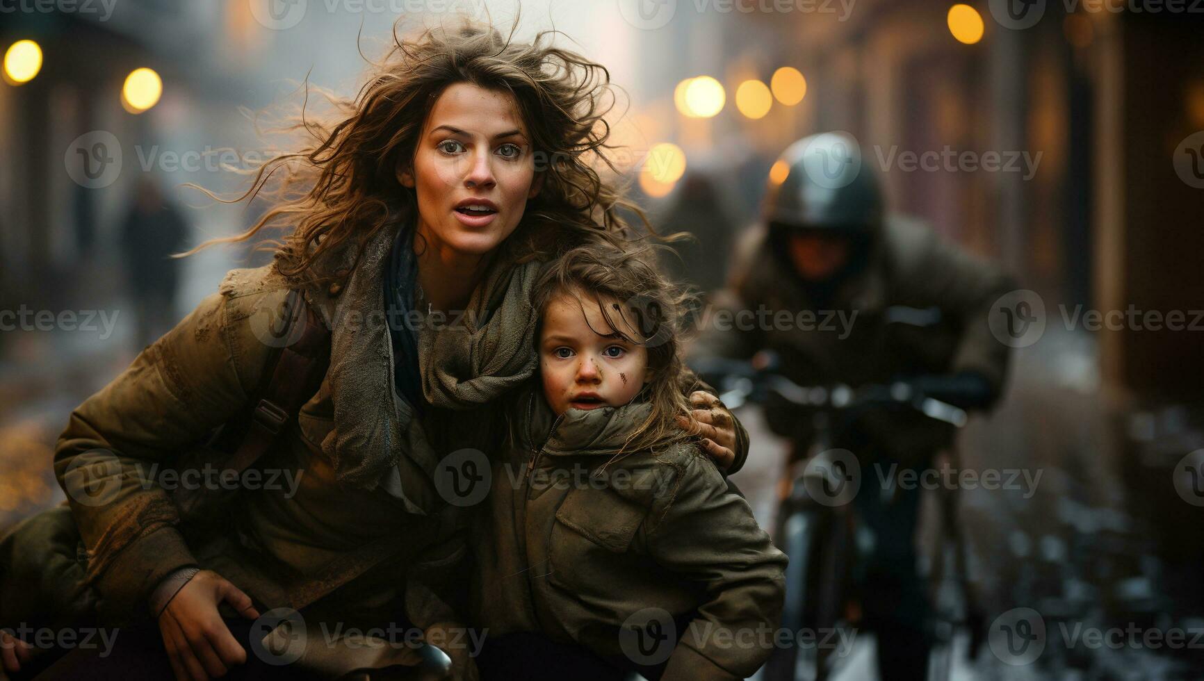 asustado madre y joven niño hija corriendo en el calles de su guerra devastado ciudad. generativo ai. foto