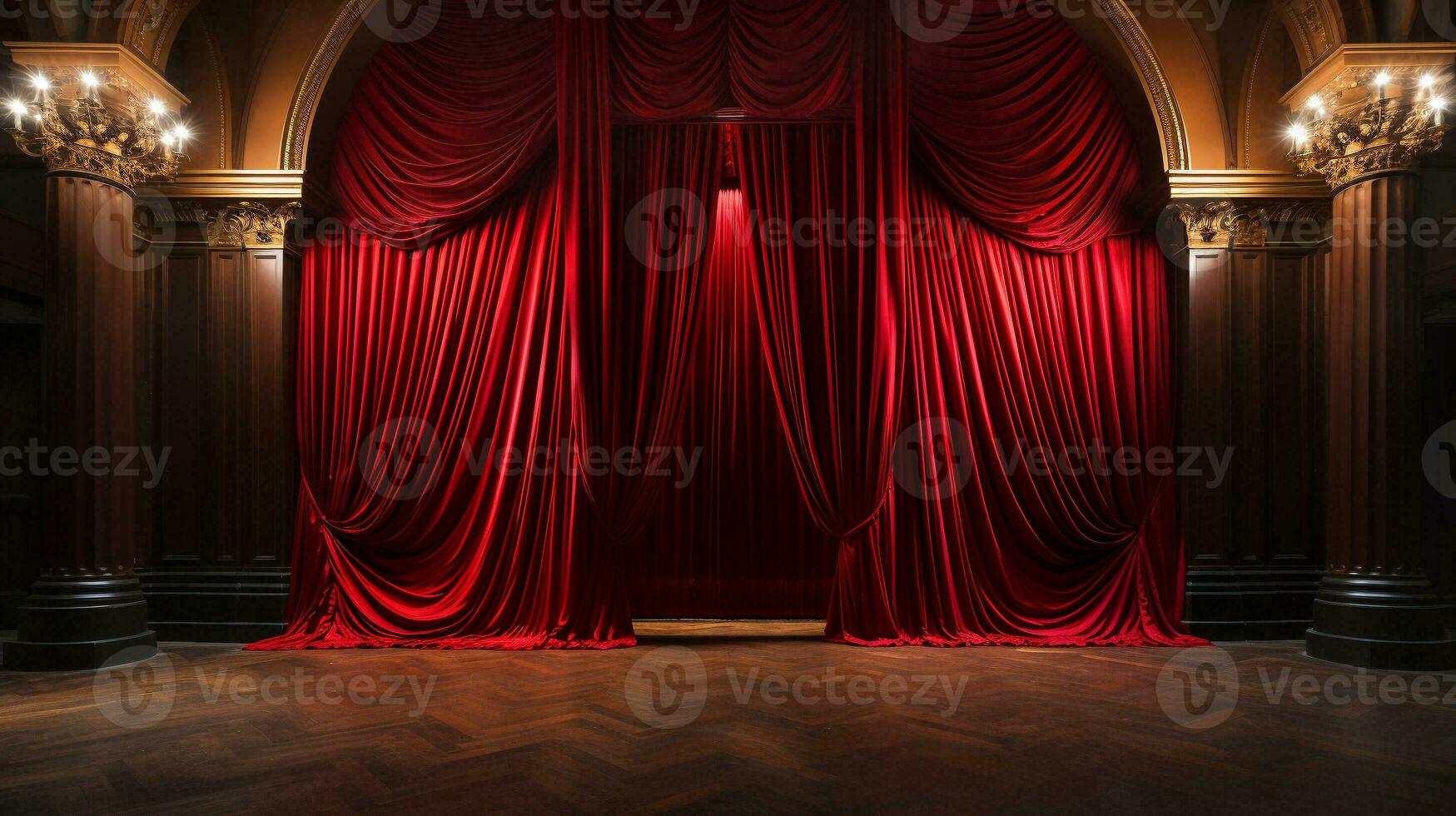 Dramatically Lit Lustrous Red Velvet Theatre Curtains and Wooden Stage Floor. Generative AI. photo