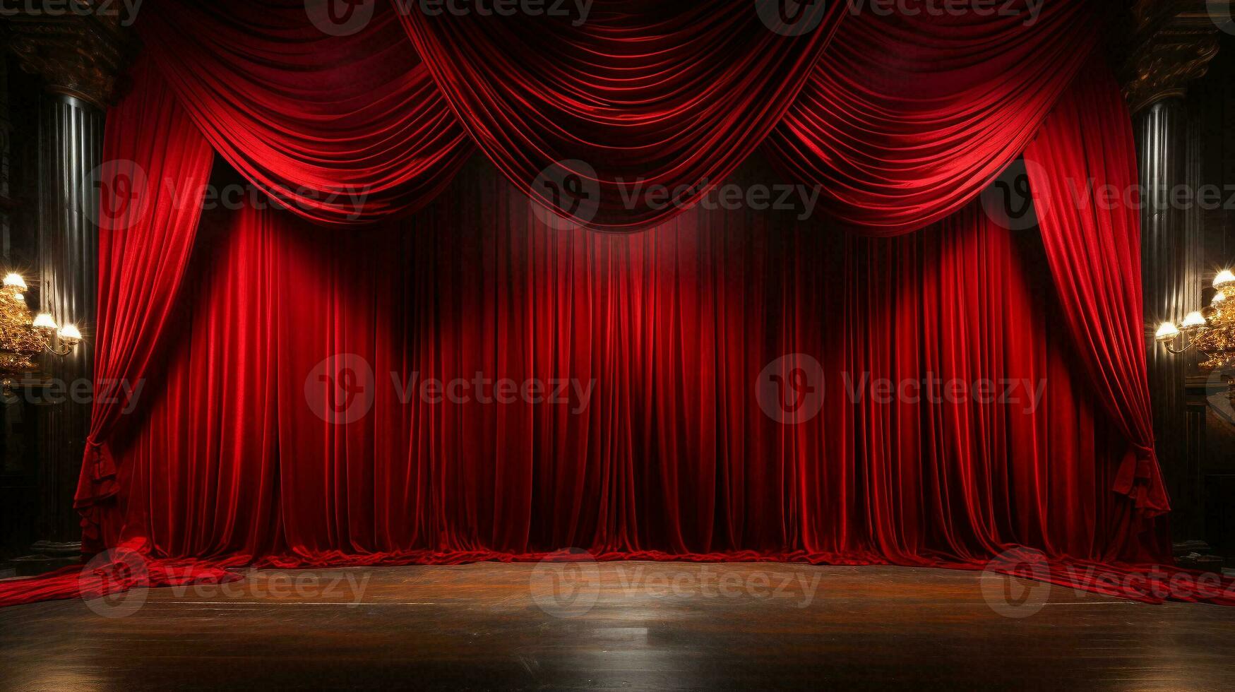 dramáticamente iluminado lustroso rojo terciopelo teatro cortinas y de madera etapa piso. generativo ai. foto