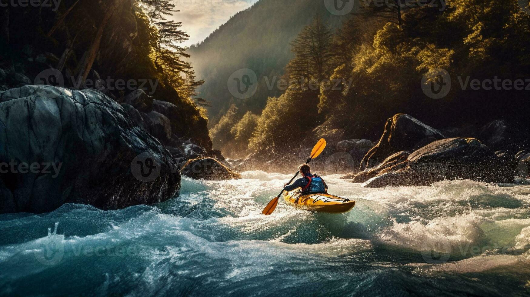 Kayaker Paddling Turbulent Whitewater Rapids on a Mountain River. Generative AI. photo