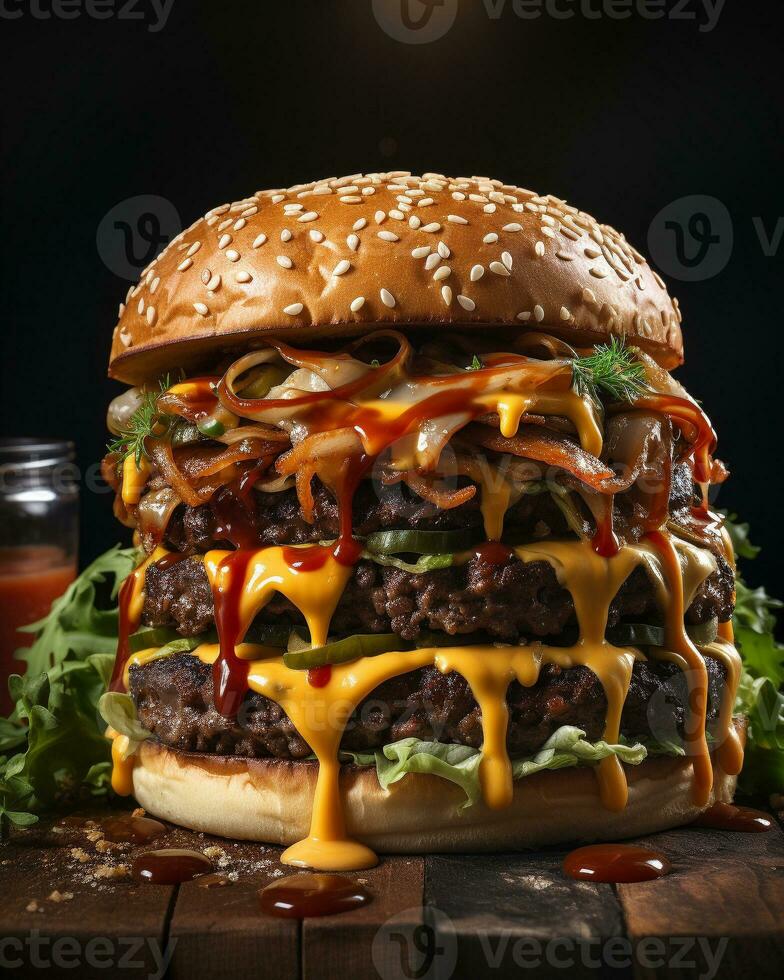 Fresh Cooked Delicious Giant Triple Cheeseburger with all the Fixings. Generative AI. photo