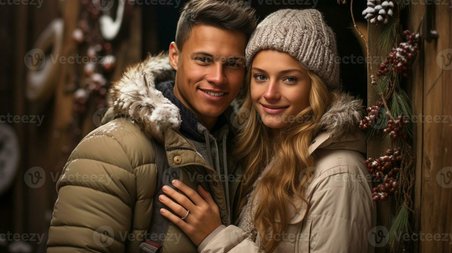 Young Romantic Couple Embracing Near a Christmas Holiday Decorated Cabin. Generative AI. photo