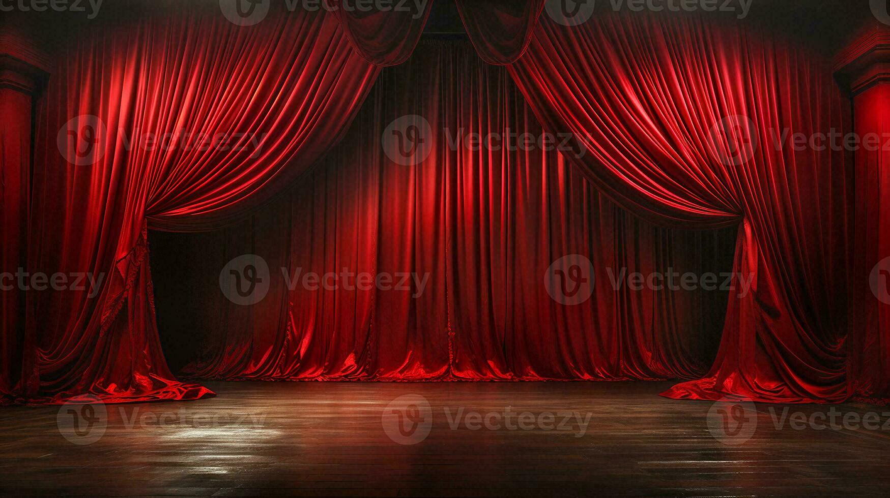 Dramatically Lit Lustrous Red Velvet Theatre Curtains and Wooden Stage Floor. Generative AI. photo