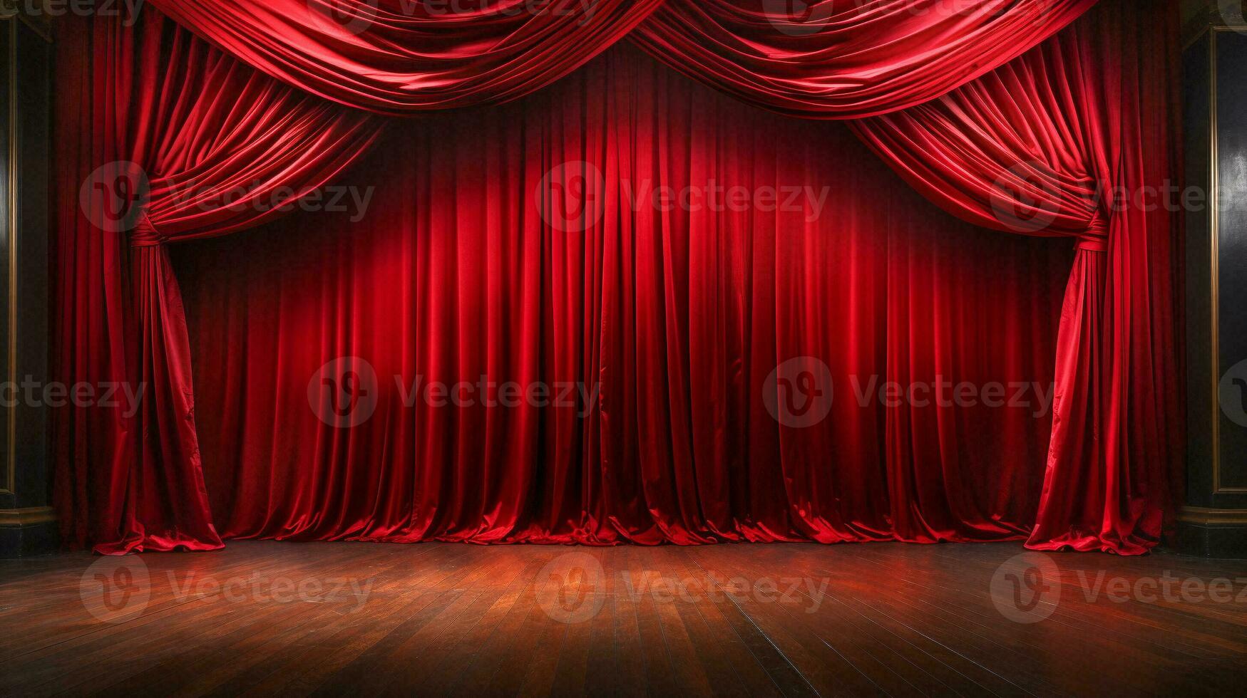 Dramatically Lit Lustrous Red Velvet Theatre Curtains and Wooden Stage Floor. Generative AI. photo