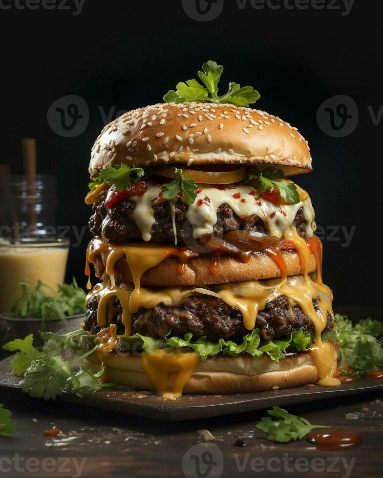 Fresh Cooked Delicious Giant Double Cheeseburger with all the Fixings. Generative AI. photo