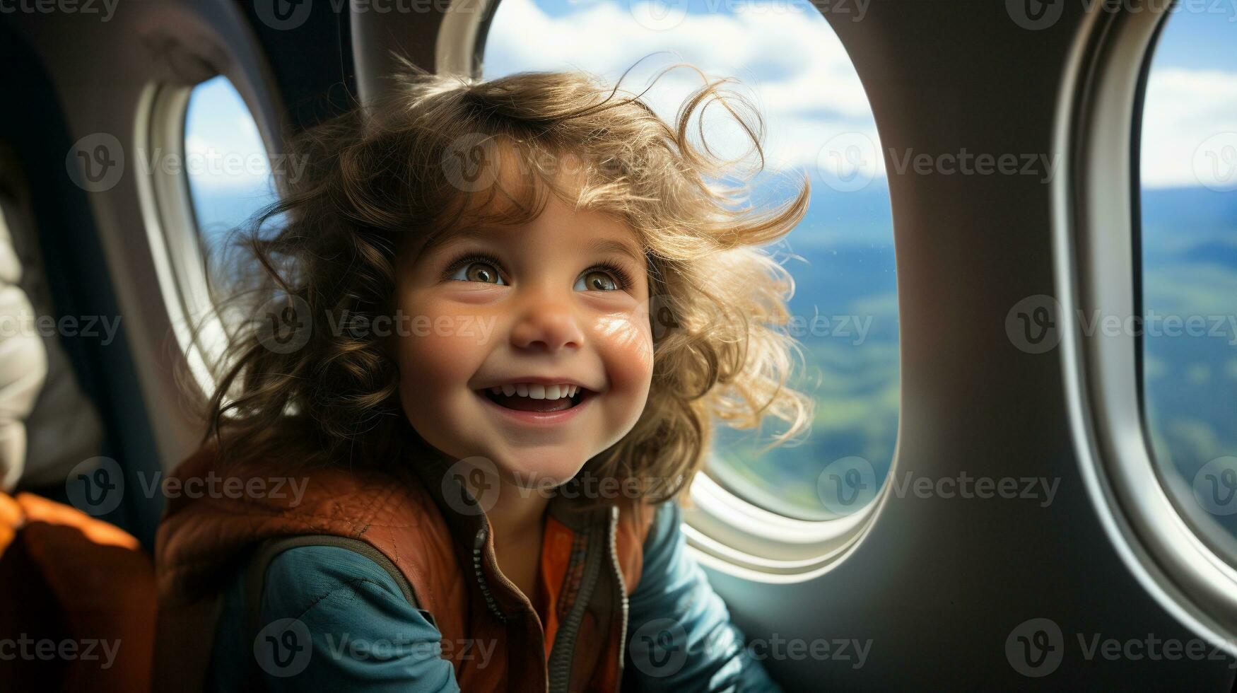 Young Girl Child Enjoying An Airplane Flight. Generative AI. photo