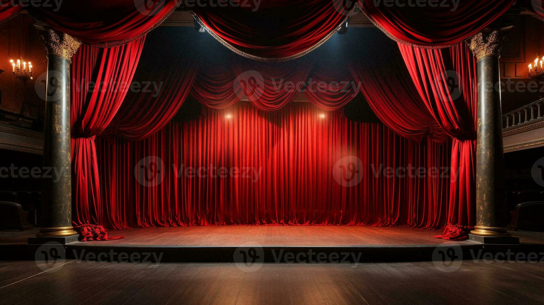 Dramatically Lit Lustrous Red Velvet Theatre Curtains and Wooden Stage Floor. Generative AI. photo