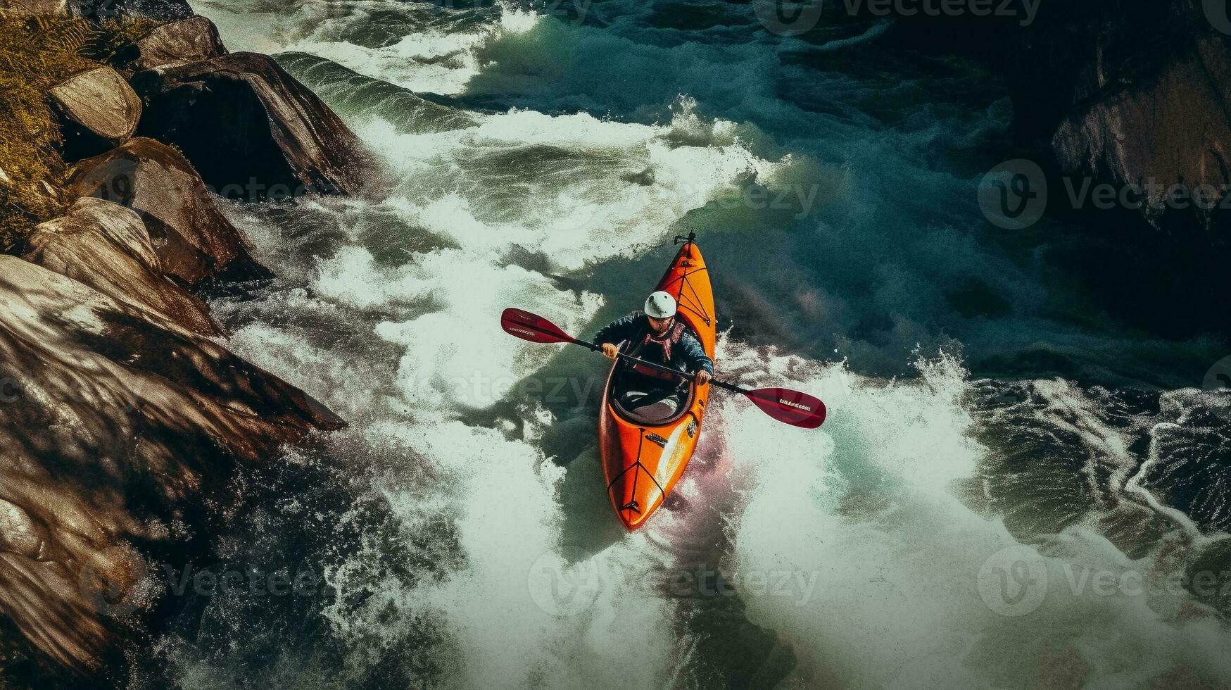 Kayaker Paddling Turbulent Whitewater Rapids on a Mountain River. Generative AI. photo