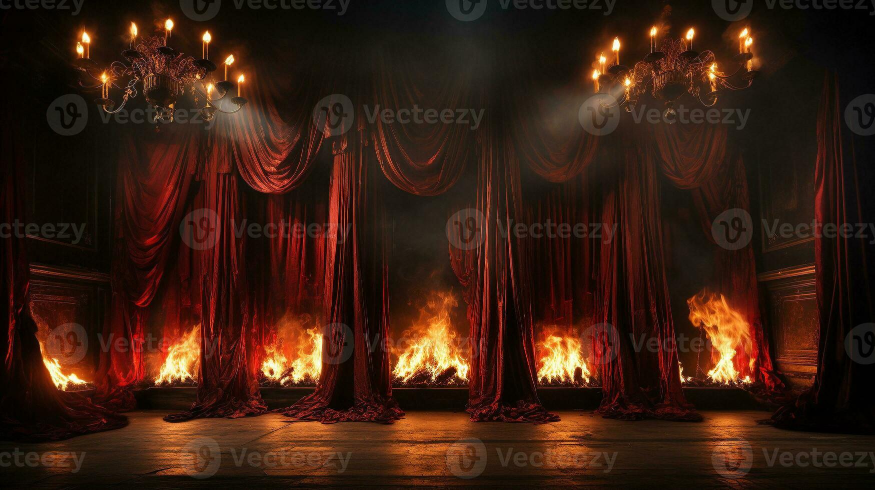 Theatre Stage with Red Velvet Curtains On Fire. Generative AI. photo