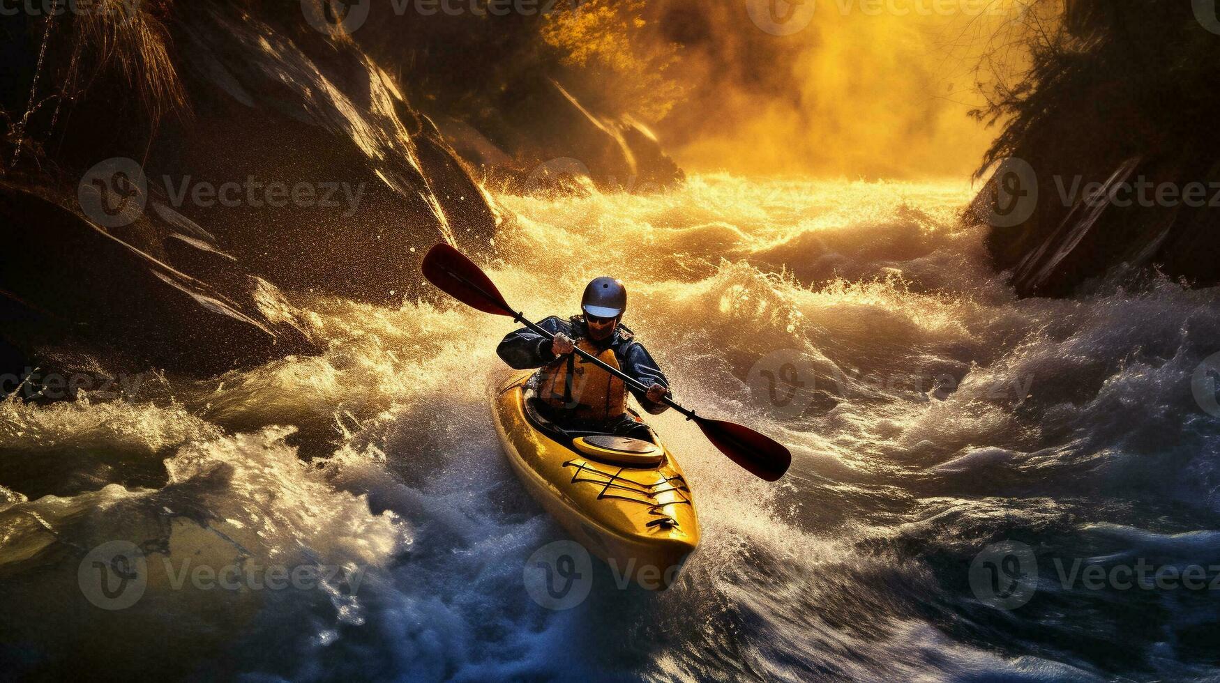 Kayaker Paddling Turbulent Whitewater Rapids on a Mountain River. Generative AI. photo