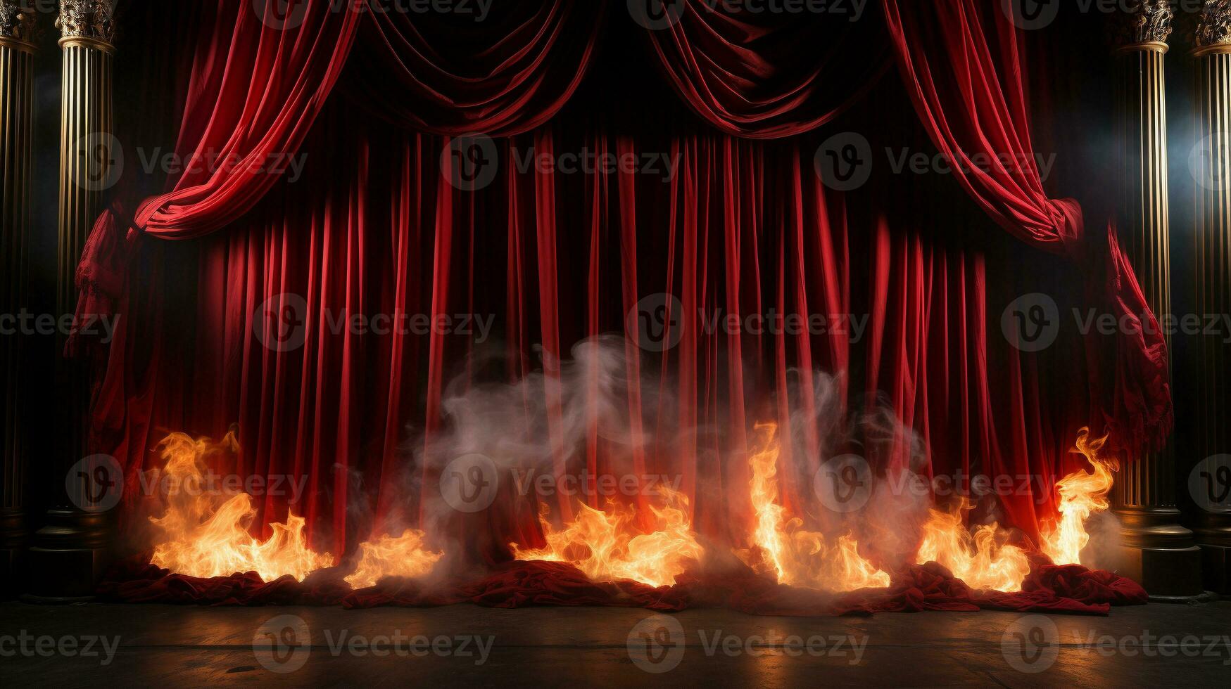teatro etapa con rojo terciopelo cortinas en fuego. generativo ai. foto