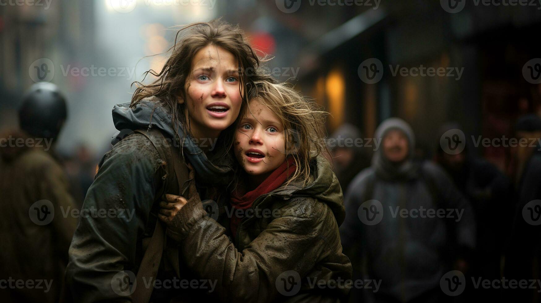 Frightened Mother and Young Child Daughter Running in the Streets of Their War Ravaged City. Generative AI. photo