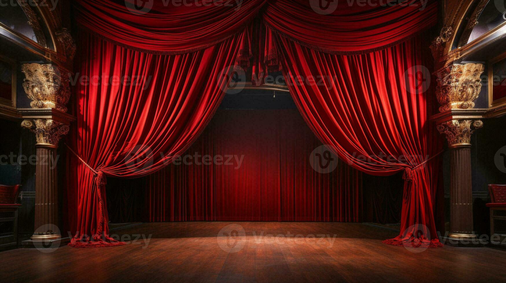 dramáticamente iluminado lustroso rojo terciopelo teatro cortinas y de madera etapa piso. generativo ai. foto