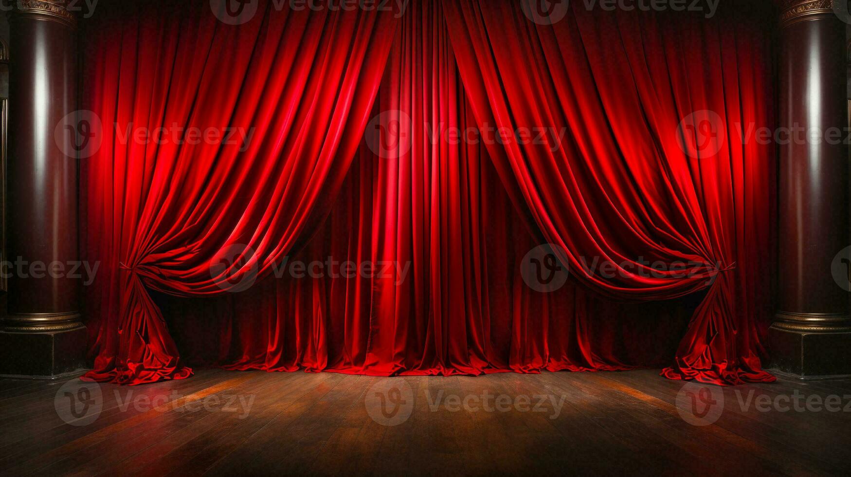 Dramatically Lit Lustrous Red Velvet Theatre Curtains and Wooden Stage Floor. Generative AI. photo