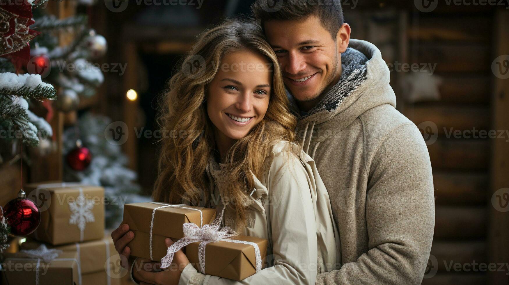 A Happy Young Couple Holding A Wrapped Christmas Gift Outdoors in a light Snowfall. Generative AI. photo