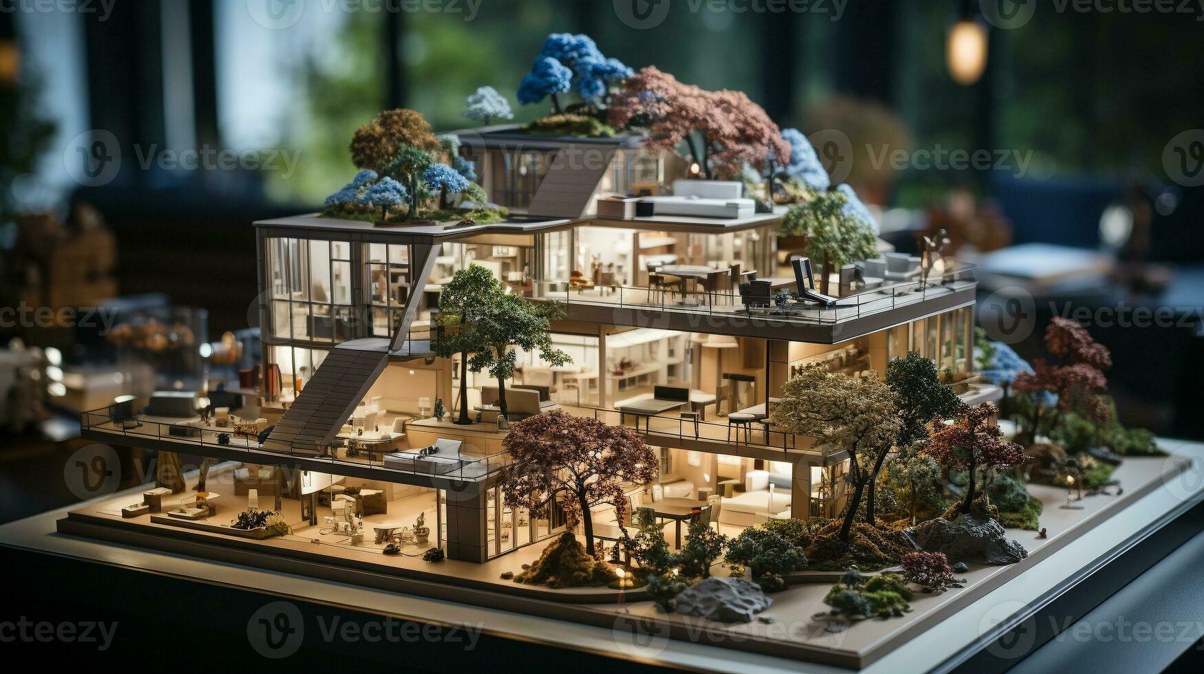 Small Scale Model of a Large House Design On the Table In A Real Estate Office. Generative AI. photo