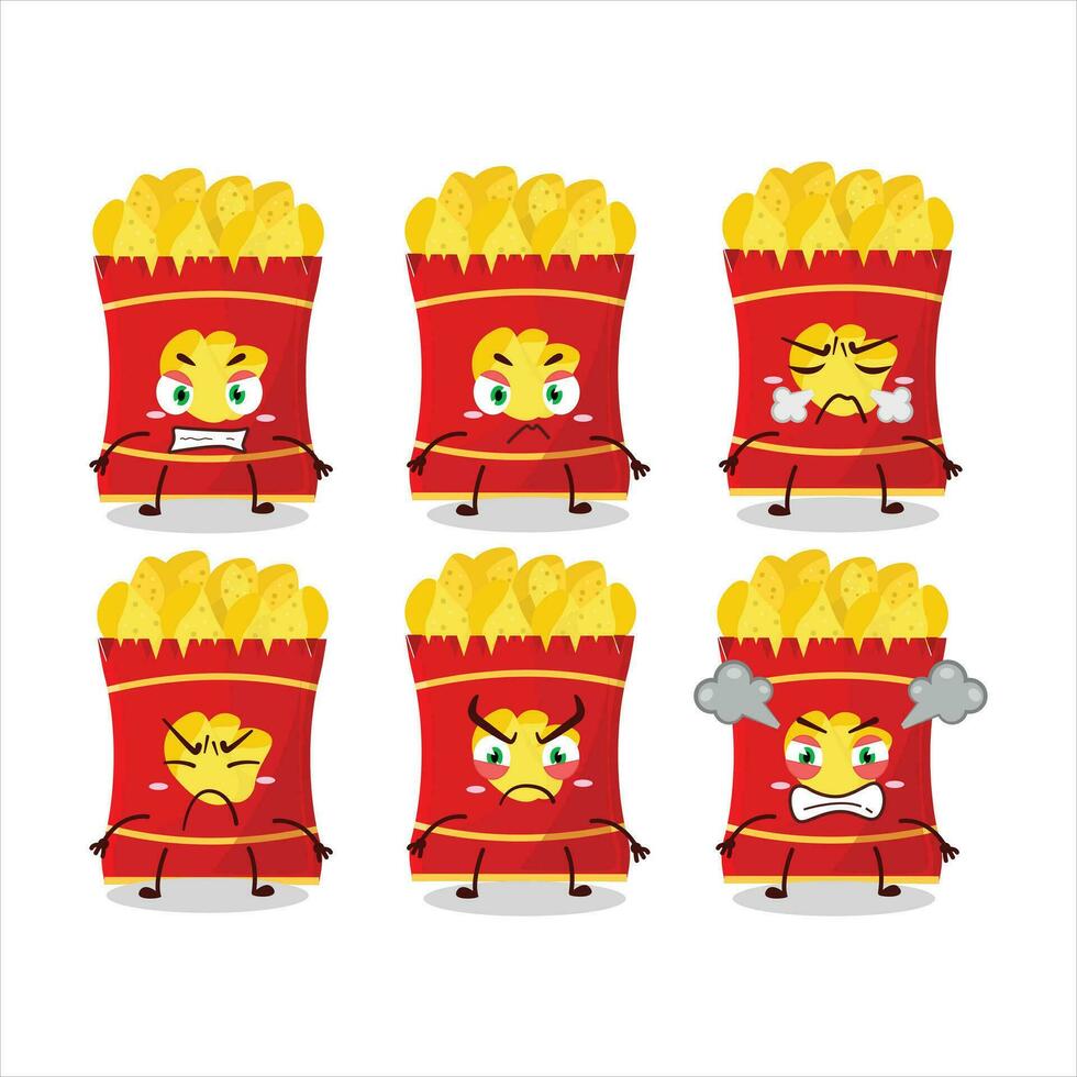 patata papas fritas dibujos animados personaje con varios enojado expresiones vector