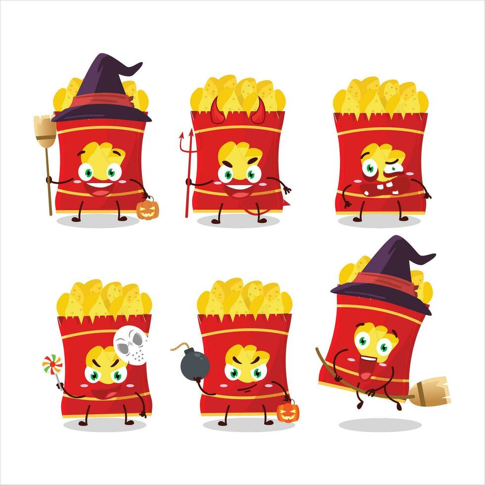 Halloween expression emoticons with cartoon character of potato chips vector