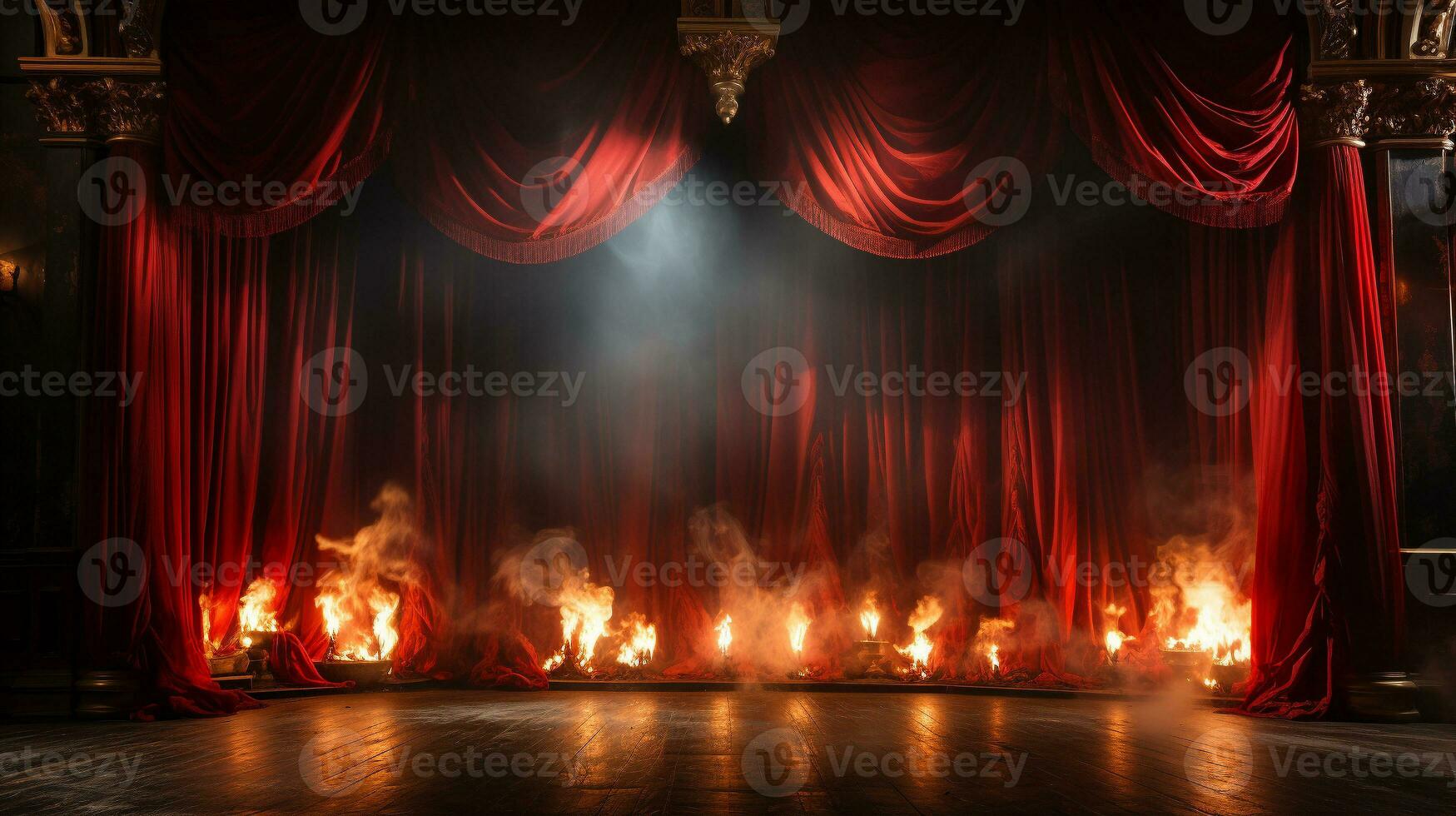 Theatre Stage with Red Velvet Curtains On Fire. Generative AI. photo