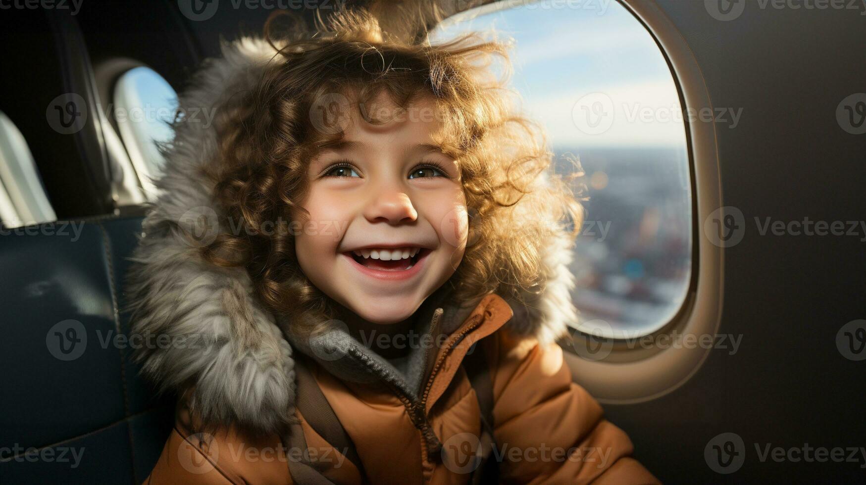 Young Boy Child Enjoying An Airplane Flight. Generative AI. photo