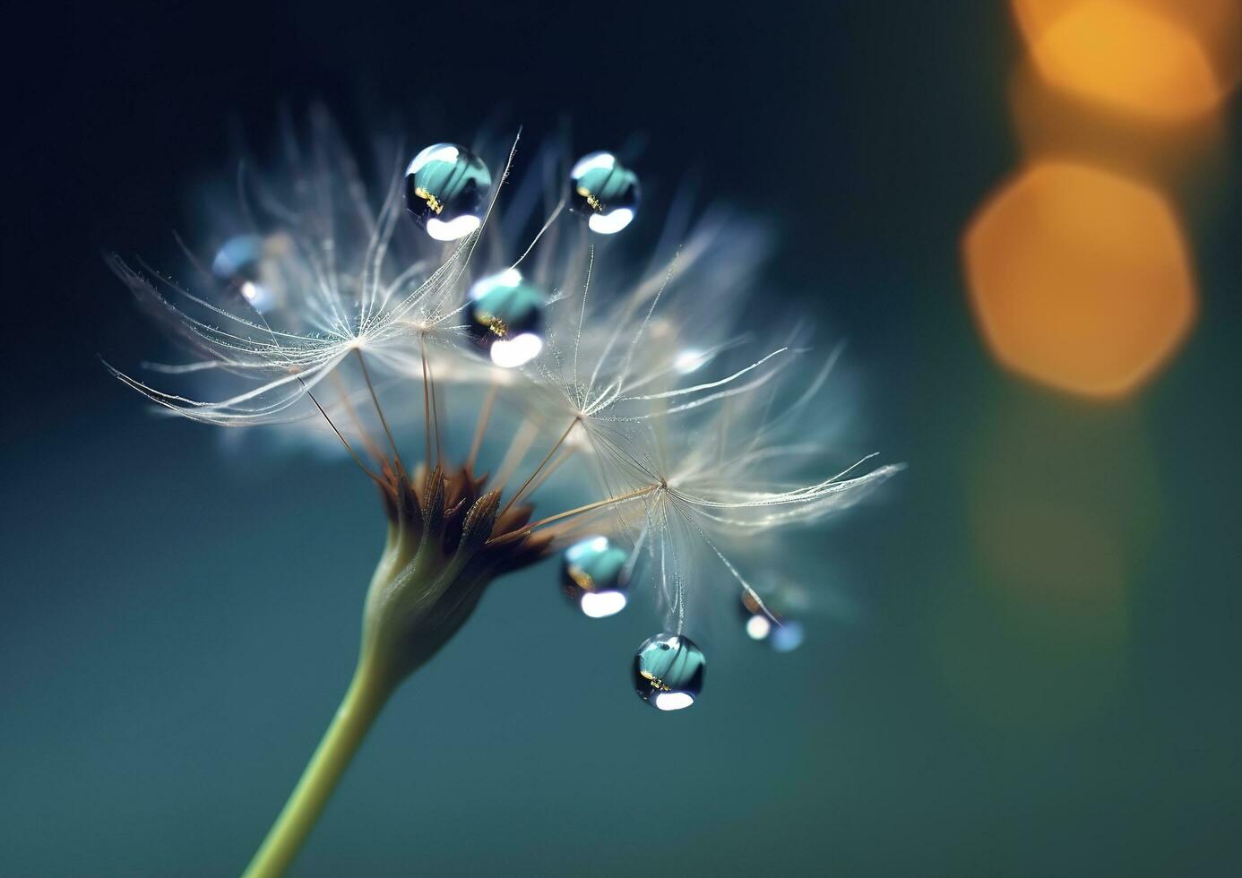 Beautiful dew drops on a dandelion seed macro. Beautiful blue background. Generative AI photo
