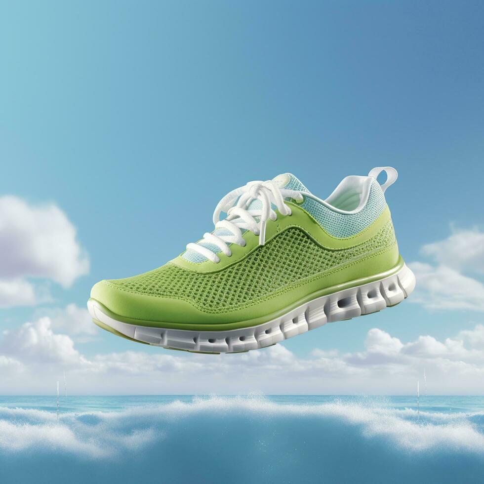 Close up  green sports shoes on a blue sea level with blue sky and white clouds bright light background. Creative advertisement. AI Generative photo