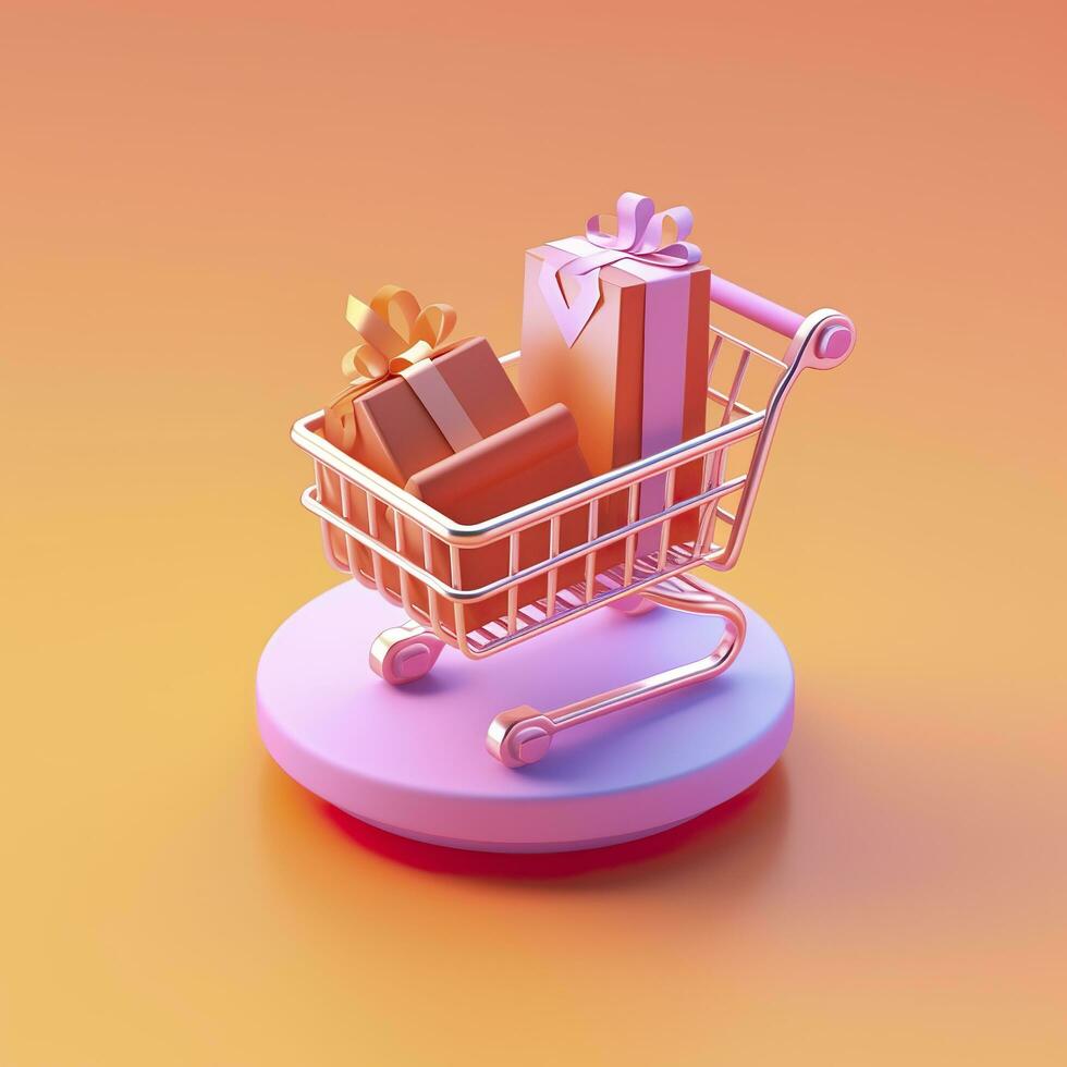 Light Orange and Pink Shopping Cart with Gift Box Icon. AI Generative photo