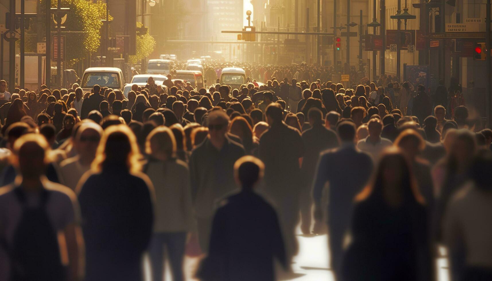 Crowd of people walking busy city street backlit. Generative AI photo