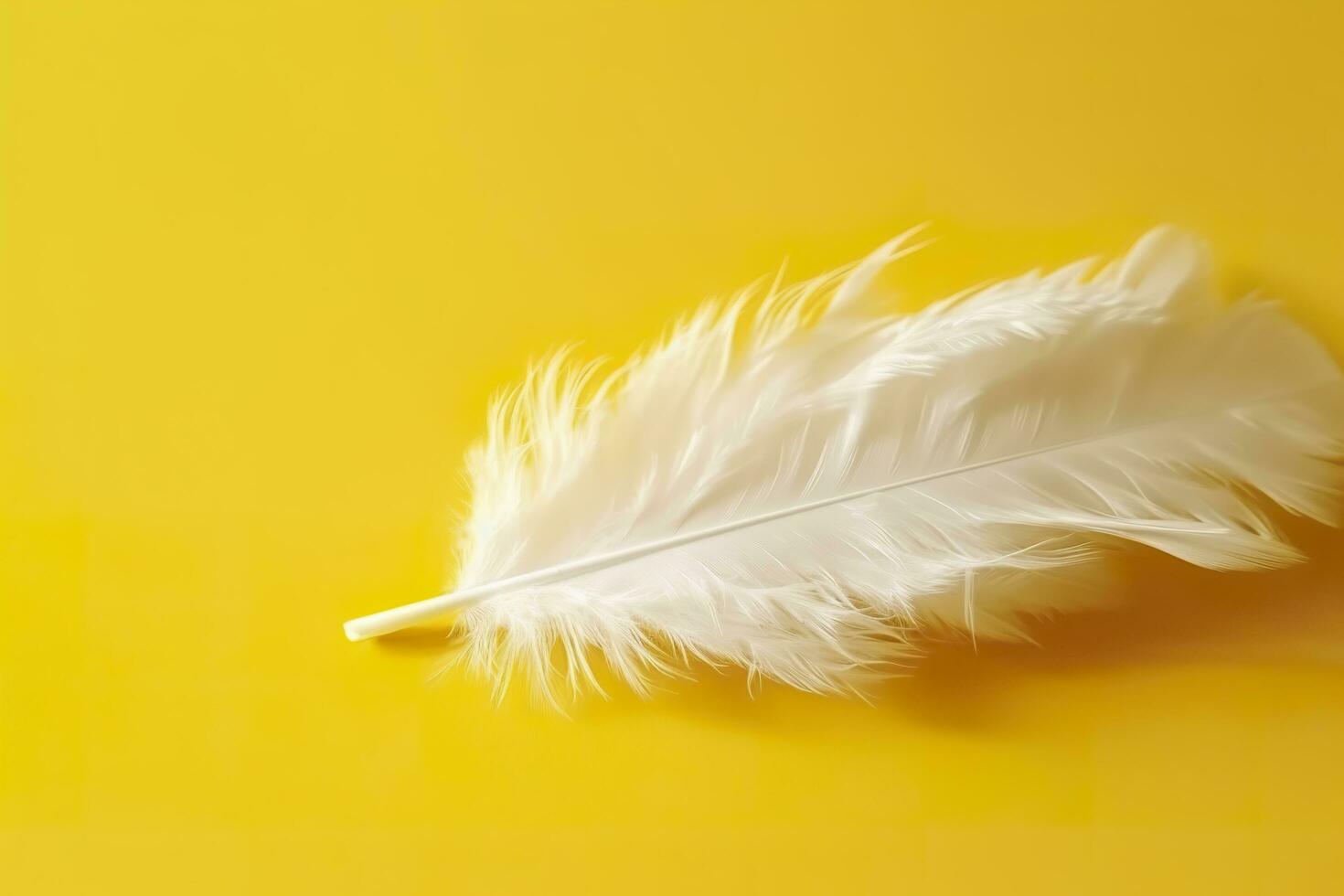 Close up of bright white feather. Copy space, yellow background. Fashion and Party concept. AI Generative photo