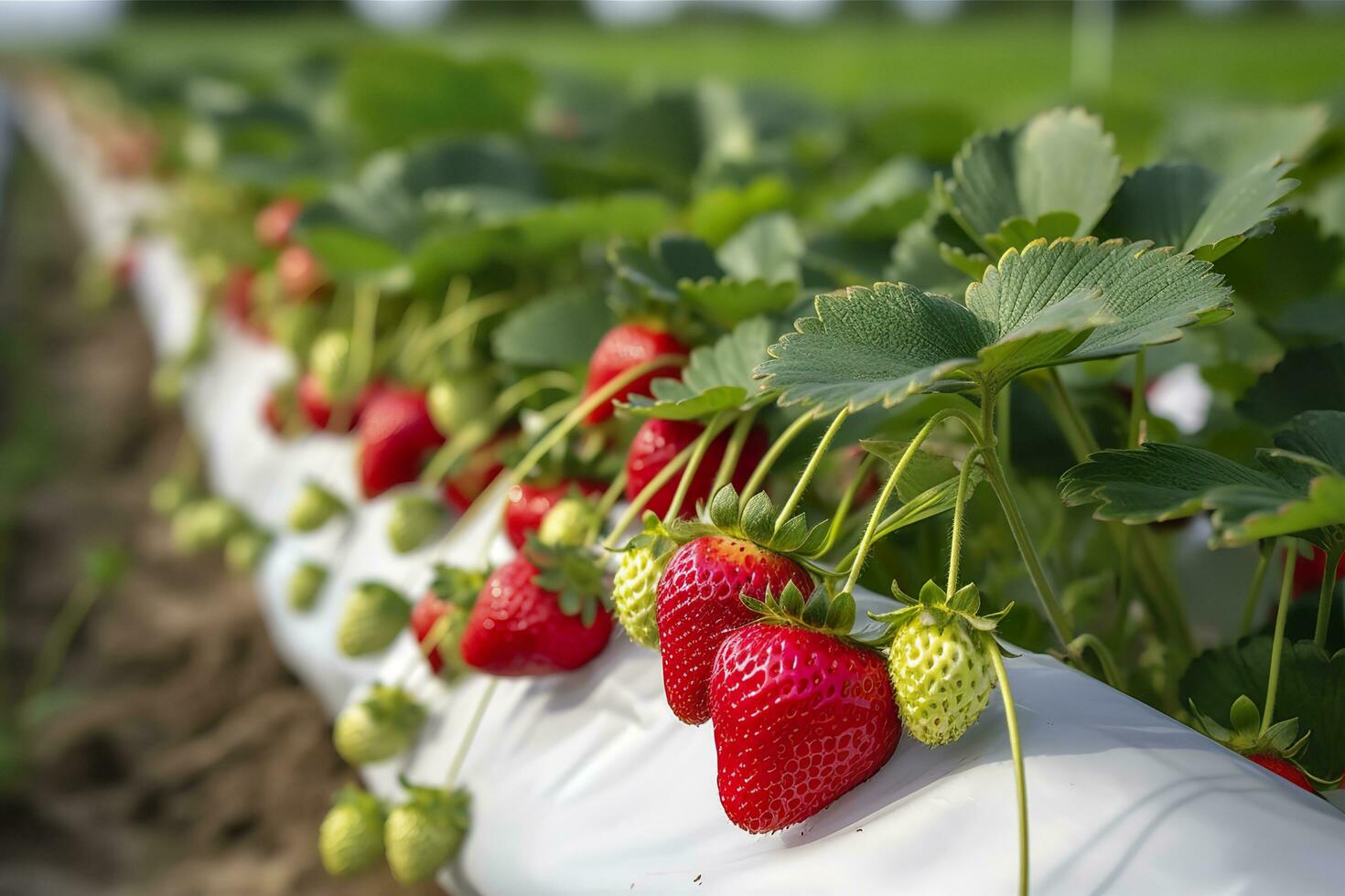 Bush of ripe organic strawberries in the garden. Berry closeup. Generative AI photo