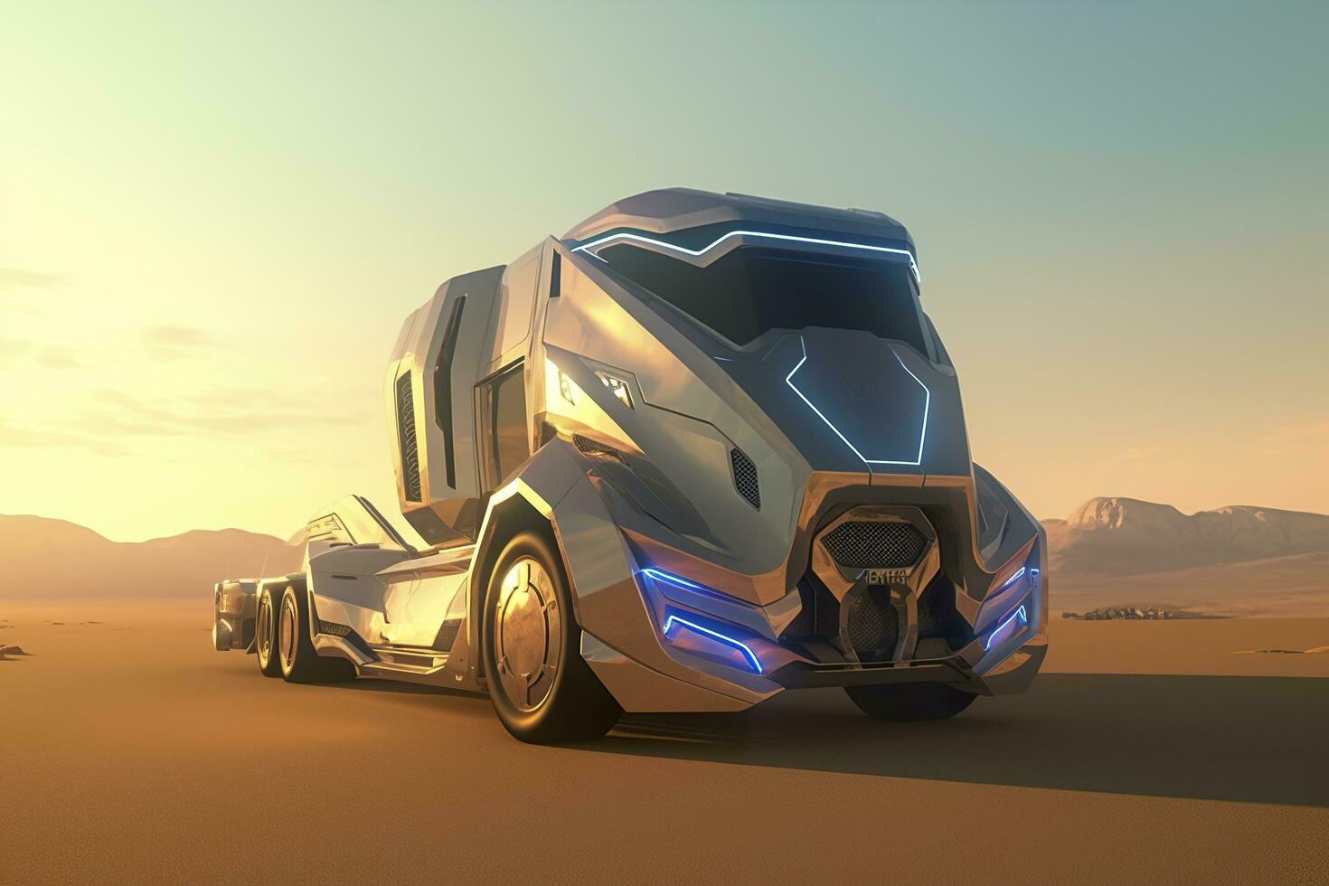 23rd Century Futuristic Truck with Hyper Modern Drive, Wide Angle Lens, and Futuristic Skyscraper in the Background. AI Generative photo