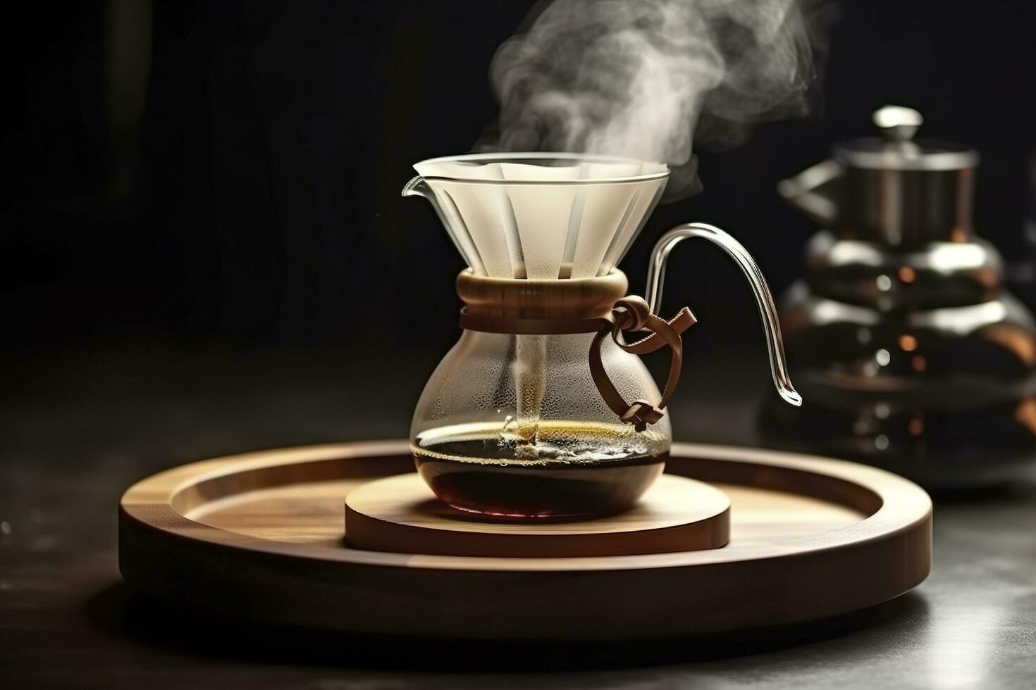 An alternative coffee brewing method is pure over, a glass teapot on a wooden tray. Generative AI photo