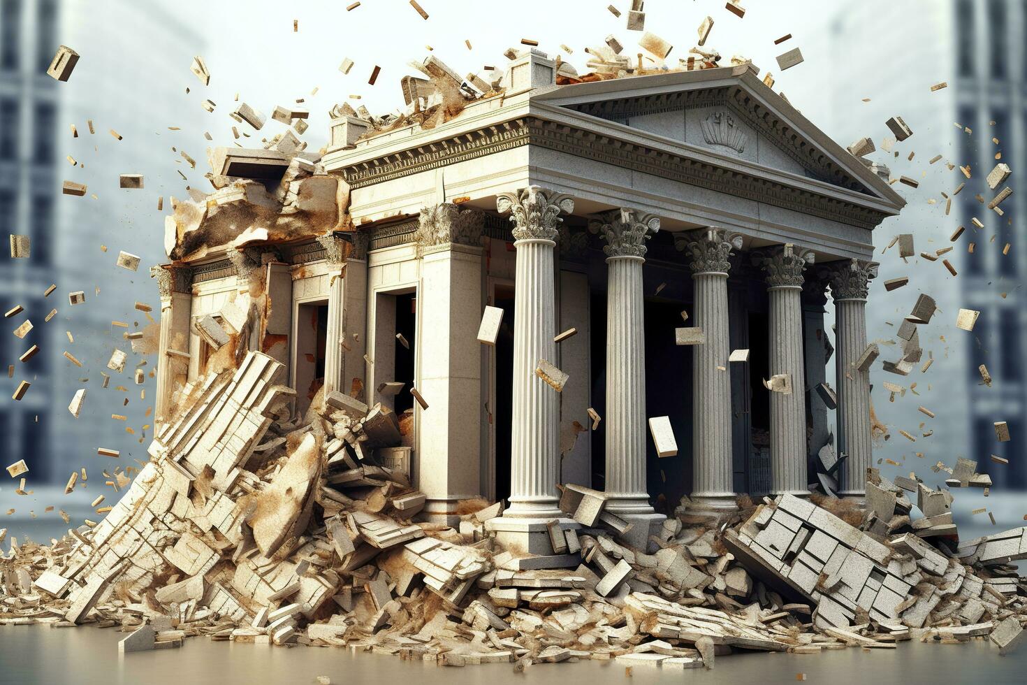 Bank collapse. A bank or financial institution, going down failing or collapsing. Generative AI photo