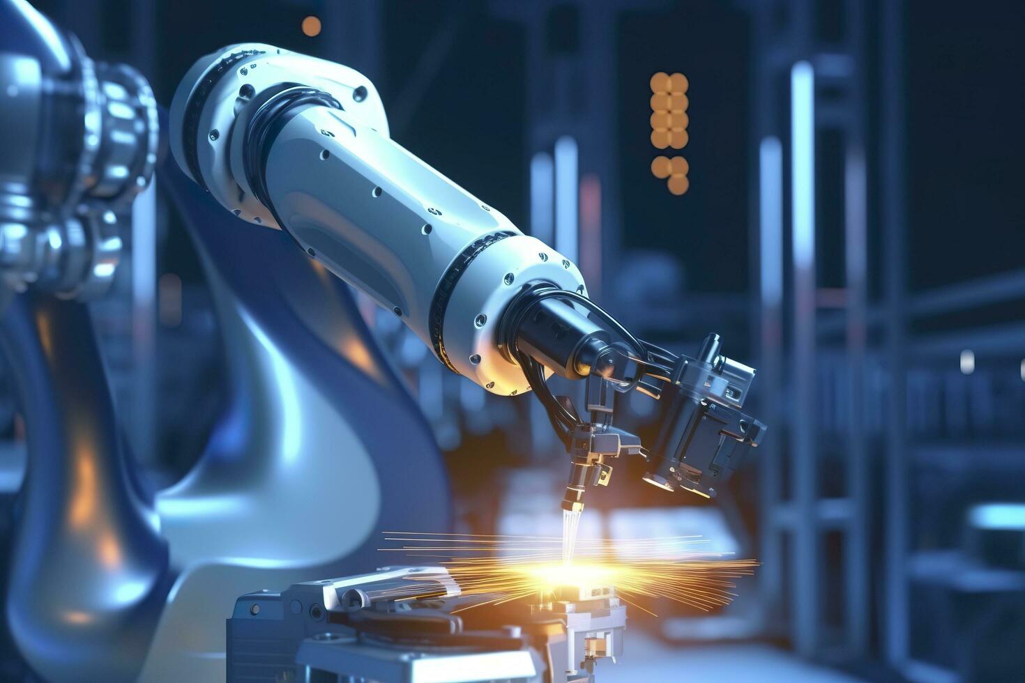 Arm robot working with Screen monitor control industrial machine robot arm line. Generative AI photo