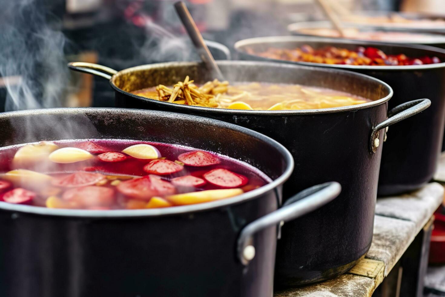 Beverages fruits and berries hot mulled wine in pots with steam in street food market. Generative AI photo