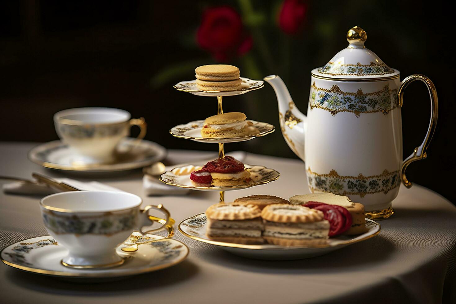 Classical served tea table with biscuits. Generative AI photo
