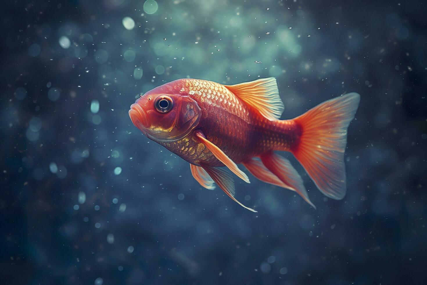 Beautifully colored goldfish swim in the clear aquarium water. 3d animation swimming goldfish.  AI Generative photo
