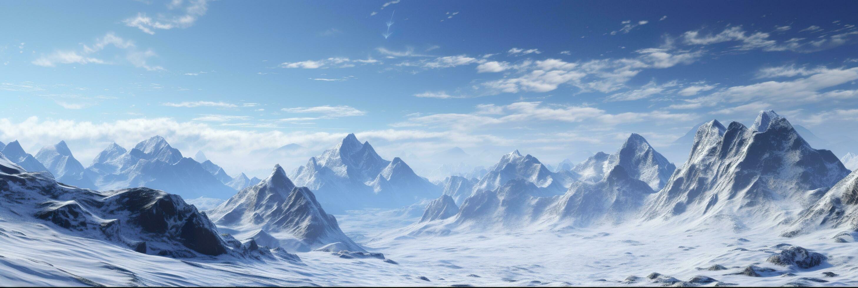 vast desolated snow land, big mountains in the background, snowfall with light blue sky and light blue colors, peaceful atmosphere,  AI Generative photo