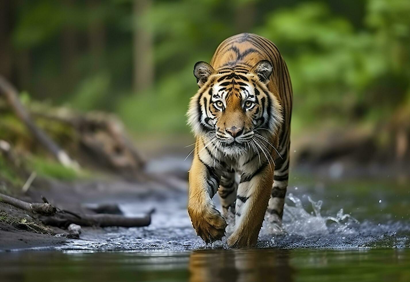 Amur tiger walking in the water. Dangerous animal.  Animal in a green forest stream. Generative AI photo