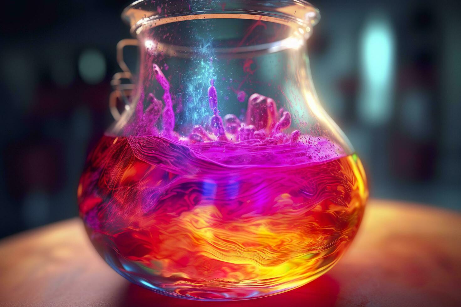 Close Up of a Science Beaker Filled with Multi Colored Liquids. AI Generative photo