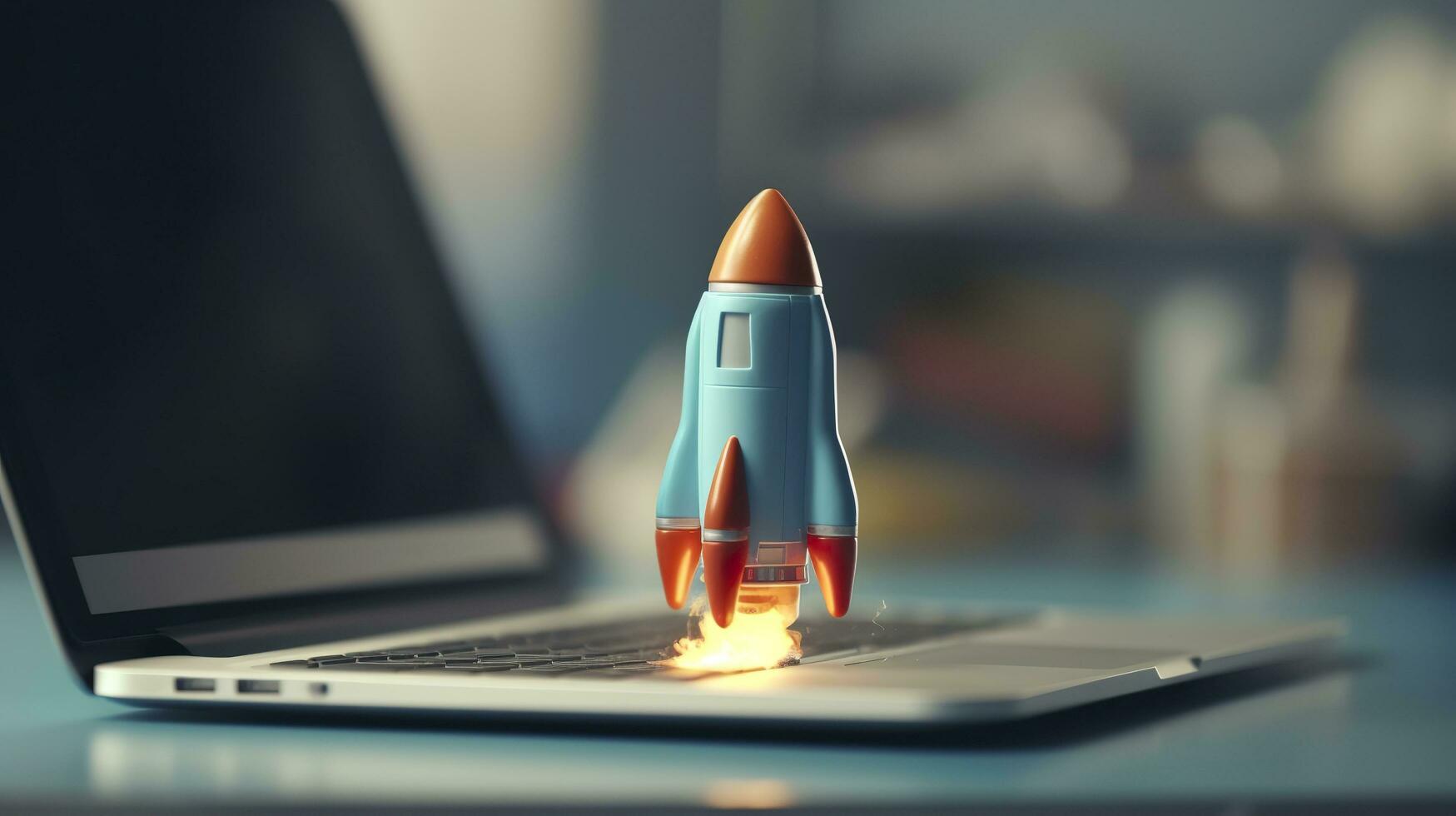 A small rocket takes off from a Laptop with vibrant color combinations in light sky blue and light gray colors for a website, business, and financial success concepts.  AI Generative photo